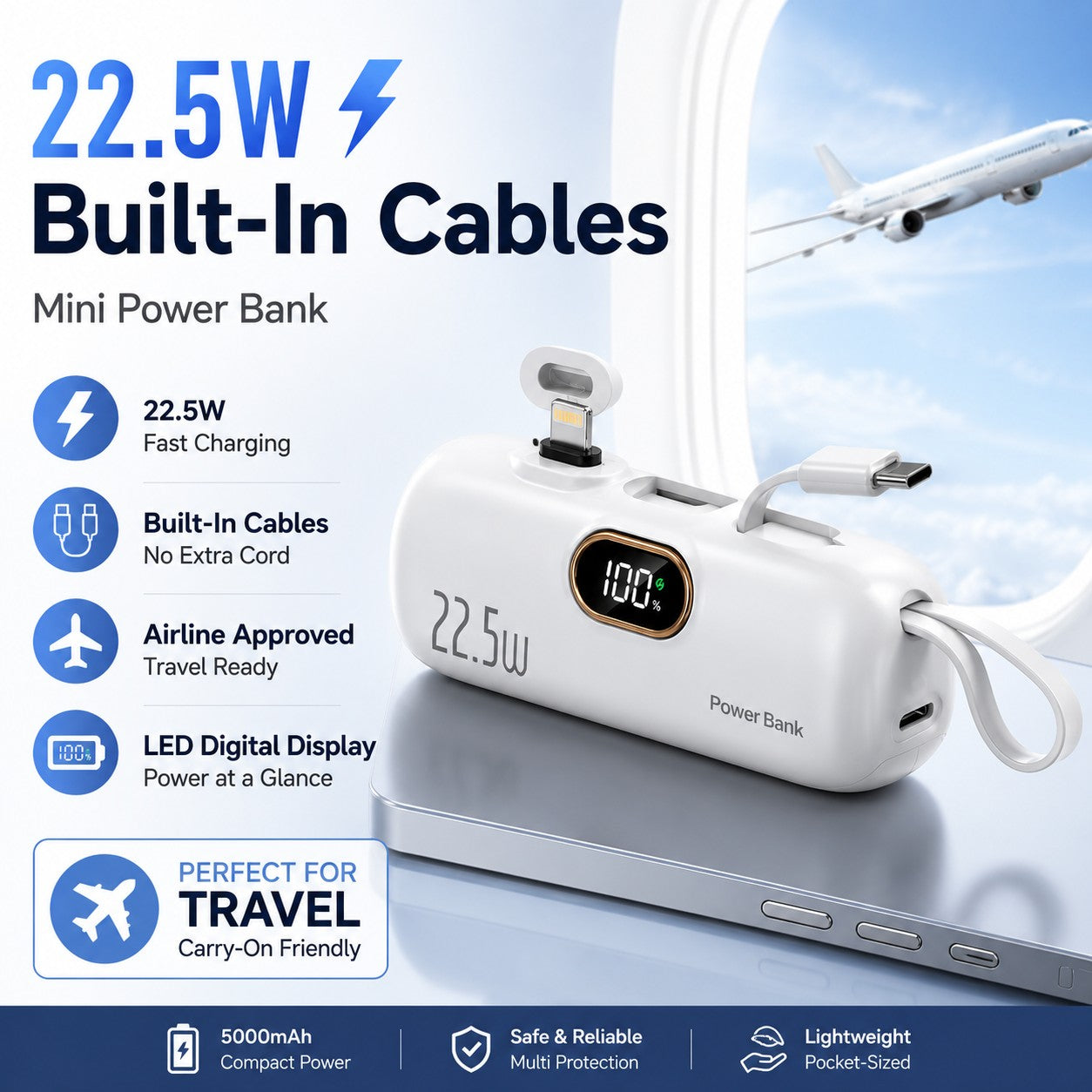 ⚡Pocket Power Bank with Built-In Cables | 22.5W Fast Charging